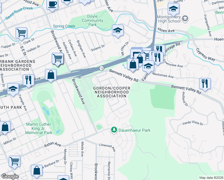 map of restaurants, bars, coffee shops, grocery stores, and more near 1130 Gordon Lane in Santa Rosa