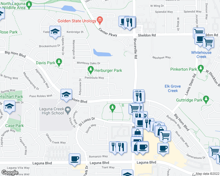 map of restaurants, bars, coffee shops, grocery stores, and more near 8957 Monterey Oaks Drive in Elk Grove