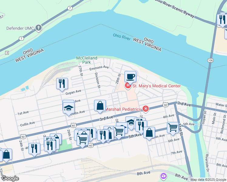 map of restaurants, bars, coffee shops, grocery stores, and more near 2811 1st Avenue in Huntington
