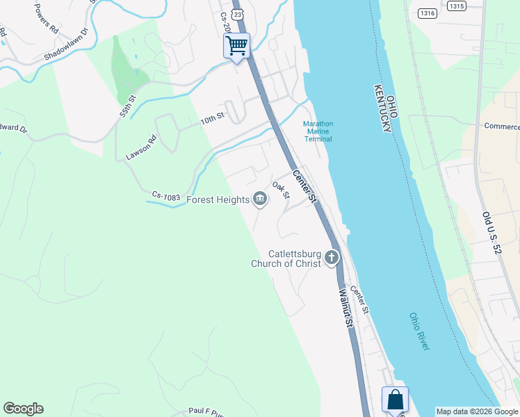 map of restaurants, bars, coffee shops, grocery stores, and more near 355 12th Street in Catlettsburg