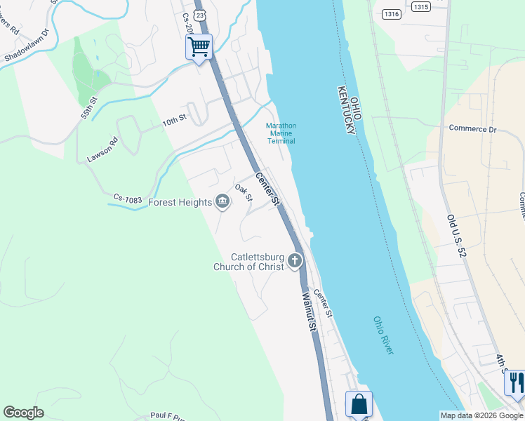 map of restaurants, bars, coffee shops, grocery stores, and more near 501 13th Street in Catlettsburg