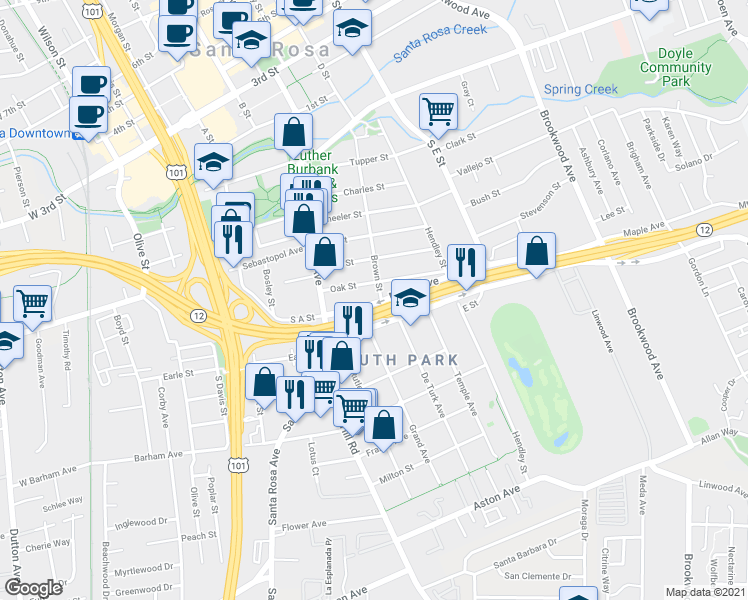 map of restaurants, bars, coffee shops, grocery stores, and more near 659 Maple Avenue in Santa Rosa