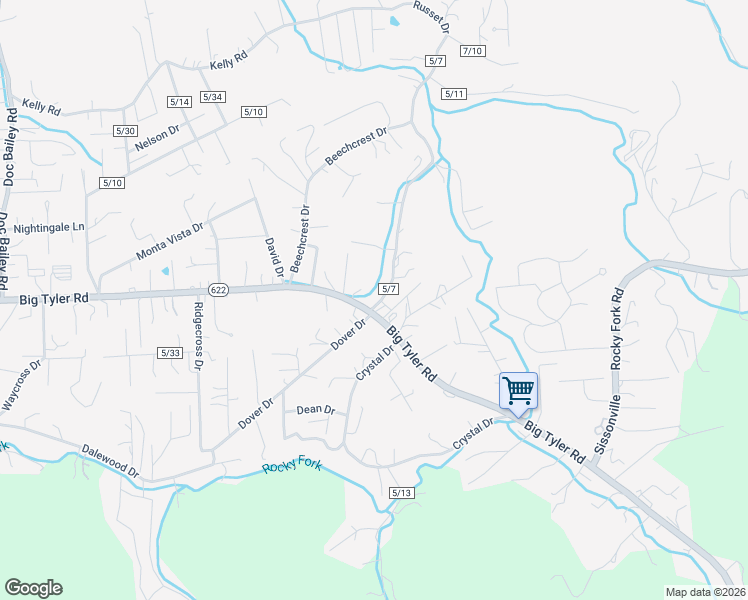 map of restaurants, bars, coffee shops, grocery stores, and more near 5205 Walnut Valley Drive in Cross Lanes