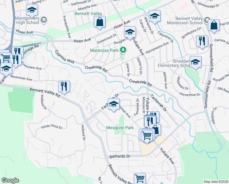 map of restaurants, bars, coffee shops, grocery stores, and more near 2527 Tachevah Drive in Santa Rosa