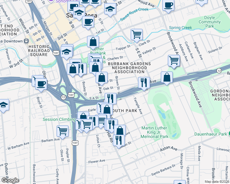 map of restaurants, bars, coffee shops, grocery stores, and more near 659 Maple Avenue in Santa Rosa