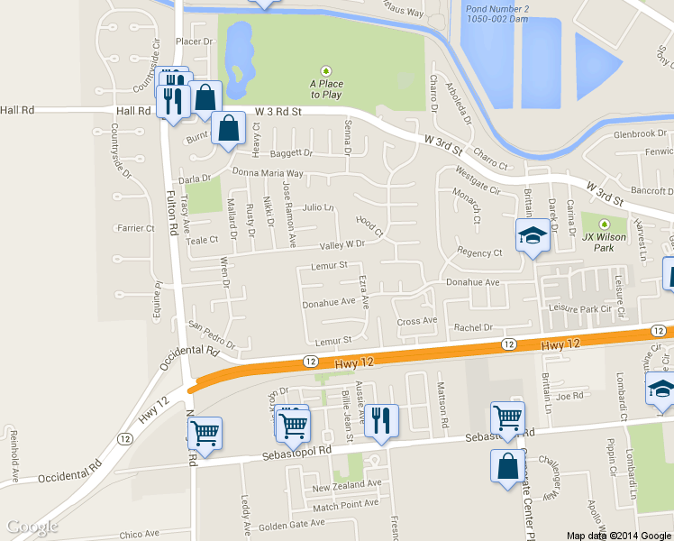 map of restaurants, bars, coffee shops, grocery stores, and more near 2312 Bellam Court in Santa Rosa