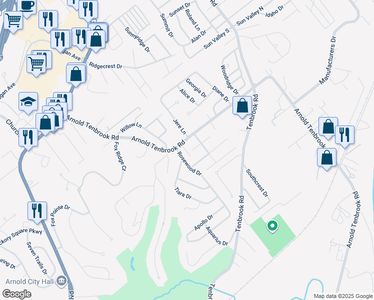 map of restaurants, bars, coffee shops, grocery stores, and more near 2738 Arnold Tenbrook Court in Arnold