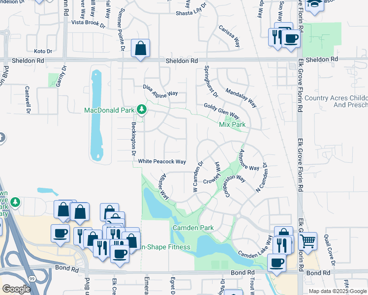 map of restaurants, bars, coffee shops, grocery stores, and more near 8730 White Peacock Way in Elk Grove