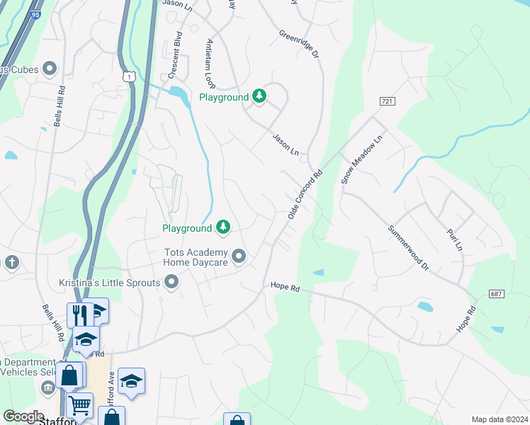 map of restaurants, bars, coffee shops, grocery stores, and more near 4 Cornerstone Drive in Stafford