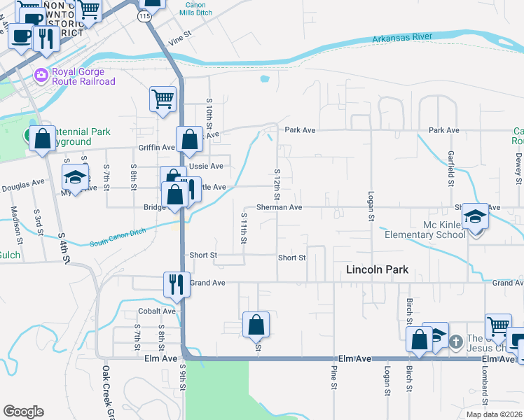 map of restaurants, bars, coffee shops, grocery stores, and more near 1221 South 12th Street in Cañon City