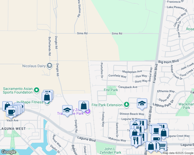 map of restaurants, bars, coffee shops, grocery stores, and more near 4126 Sardinia Court in Elk Grove