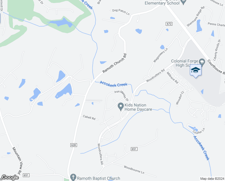 map of restaurants, bars, coffee shops, grocery stores, and more near 24 Iron Master Drive in Stafford