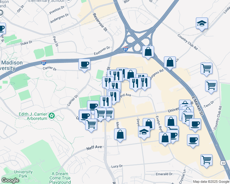 map of restaurants, bars, coffee shops, grocery stores, and more near 1820 Evelyn Byrd Avenue in Harrisonburg
