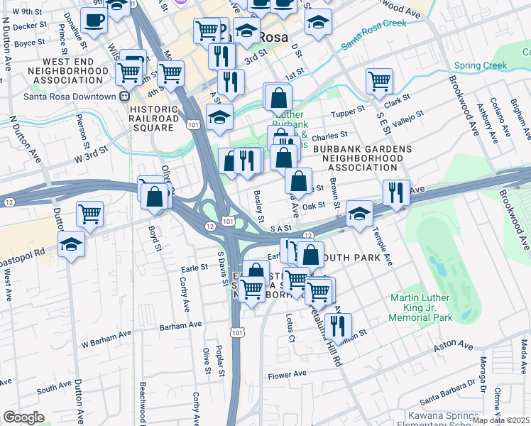 map of restaurants, bars, coffee shops, grocery stores, and more near 444 Bosley Street in Santa Rosa