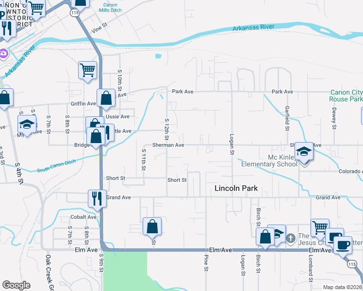 map of restaurants, bars, coffee shops, grocery stores, and more near 1210 Sherman Avenue in Cañon City