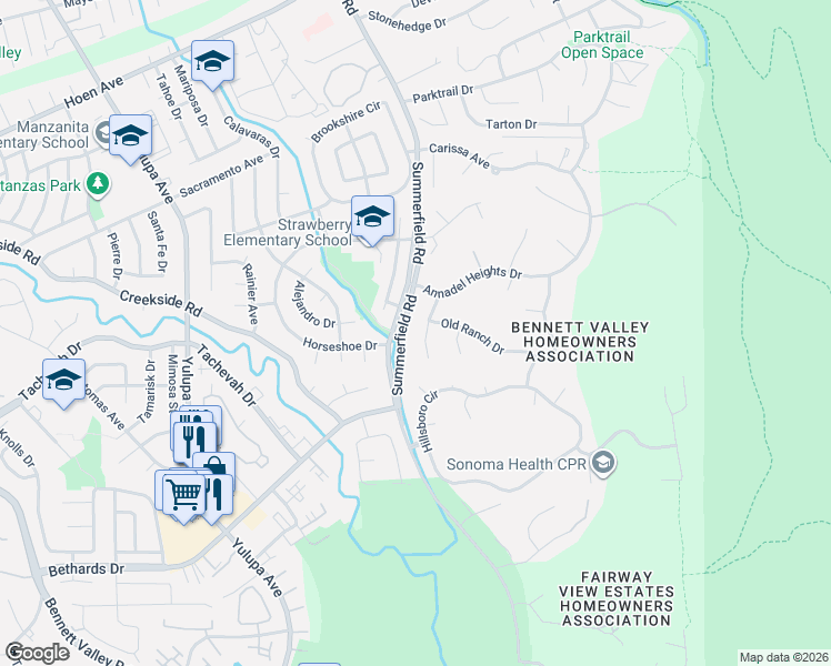 map of restaurants, bars, coffee shops, grocery stores, and more near 2239 Old Ranch Place in Santa Rosa