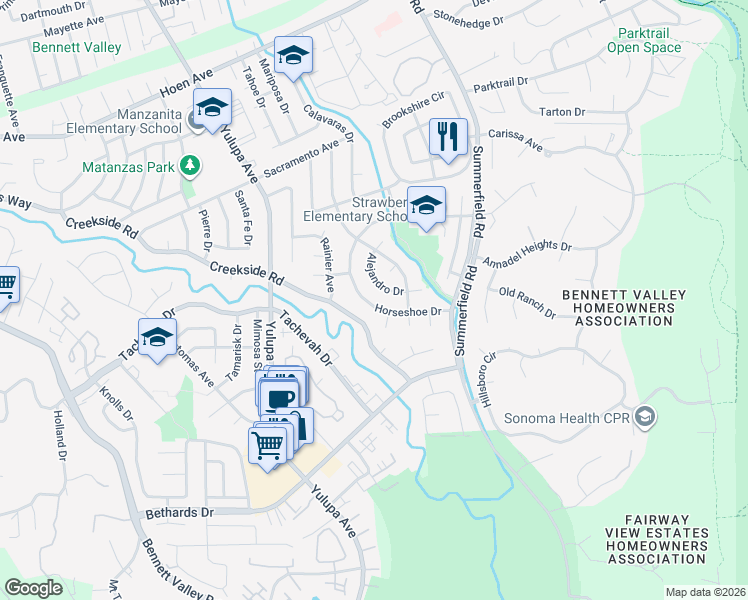 map of restaurants, bars, coffee shops, grocery stores, and more near 2837 Creekside Road in Santa Rosa