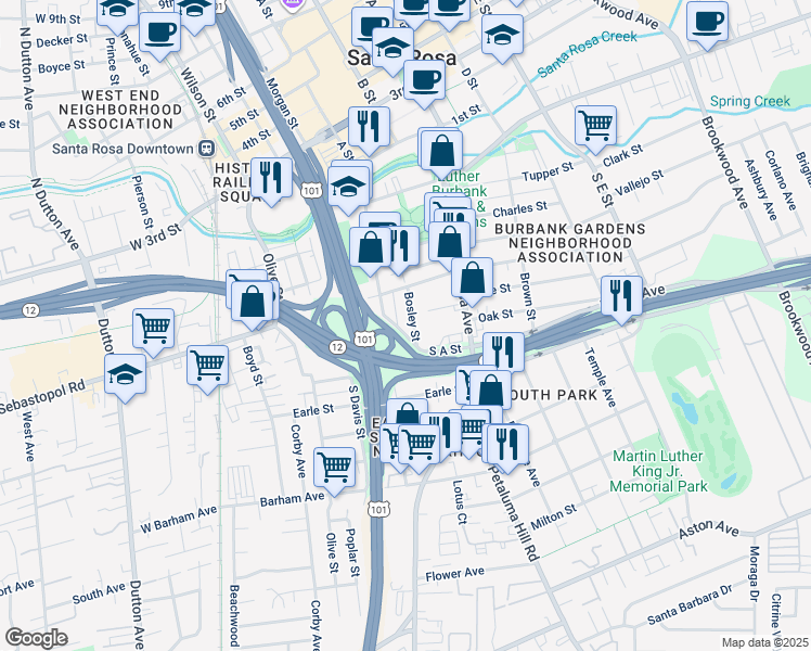 map of restaurants, bars, coffee shops, grocery stores, and more near 456 Bosley Street in Santa Rosa