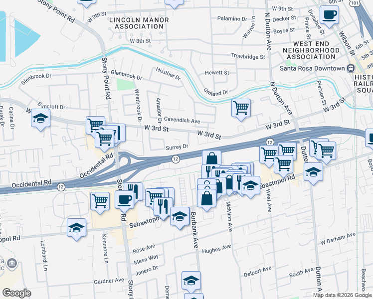 map of restaurants, bars, coffee shops, grocery stores, and more near 1533 Sendero Lane in Santa Rosa