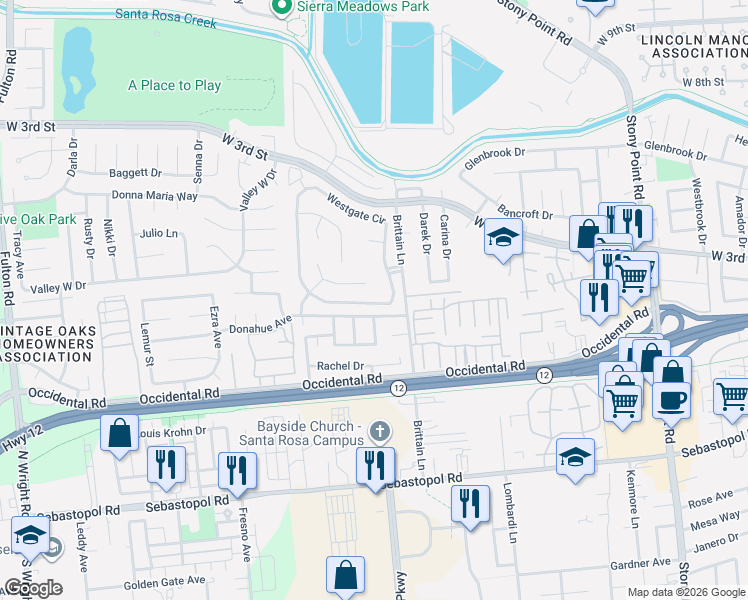 map of restaurants, bars, coffee shops, grocery stores, and more near 2106 Longhorn Circle in Santa Rosa