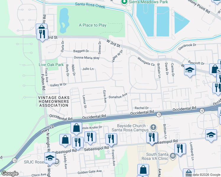 map of restaurants, bars, coffee shops, grocery stores, and more near 238 Juanita Court in Santa Rosa