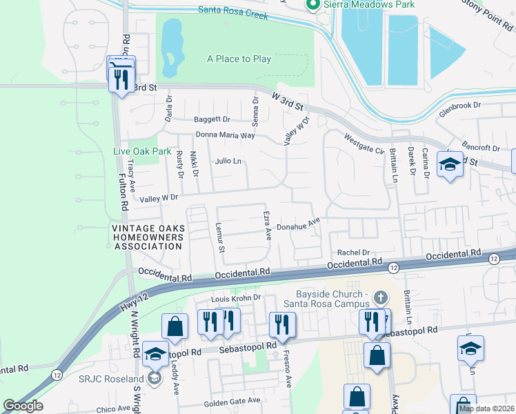 map of restaurants, bars, coffee shops, grocery stores, and more near 2312 Bellam Court in Santa Rosa