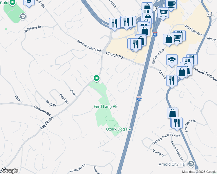 map of restaurants, bars, coffee shops, grocery stores, and more near 2253 Maxville Lane in Arnold
