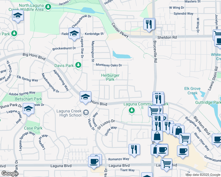 map of restaurants, bars, coffee shops, grocery stores, and more near 6745 Alamar Way in Elk Grove