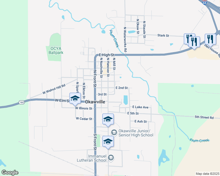 map of restaurants, bars, coffee shops, grocery stores, and more near 300 North Hanover Street in Okawville