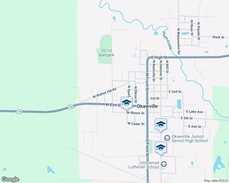 map of restaurants, bars, coffee shops, grocery stores, and more near 210 North Henrietta Street in Okawville