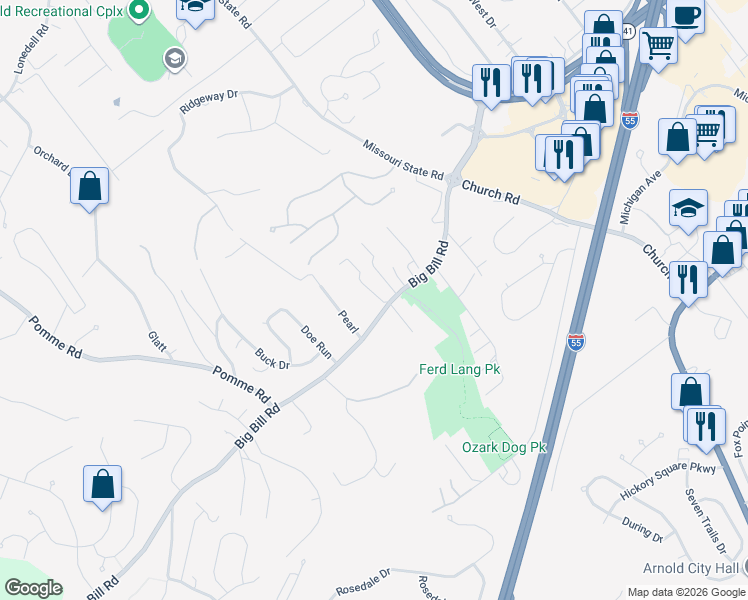 map of restaurants, bars, coffee shops, grocery stores, and more near 1862 Old Lemay Ferry Road in Arnold