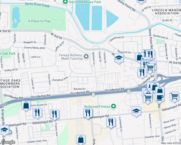 map of restaurants, bars, coffee shops, grocery stores, and more near 2106 Longhorn Circle in Santa Rosa