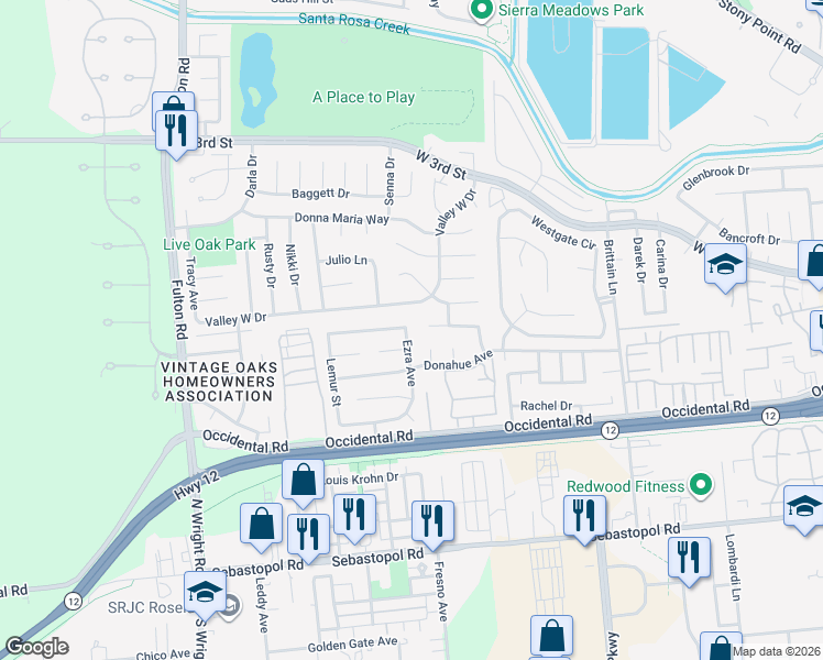 map of restaurants, bars, coffee shops, grocery stores, and more near 238 Juanita Court in Santa Rosa