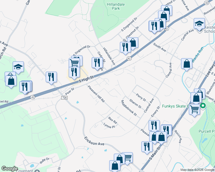 map of restaurants, bars, coffee shops, grocery stores, and more near 138 Colonial Drive in Harrisonburg