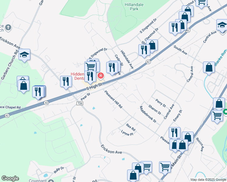 map of restaurants, bars, coffee shops, grocery stores, and more near 164 Pleasant Hill Road in Harrisonburg