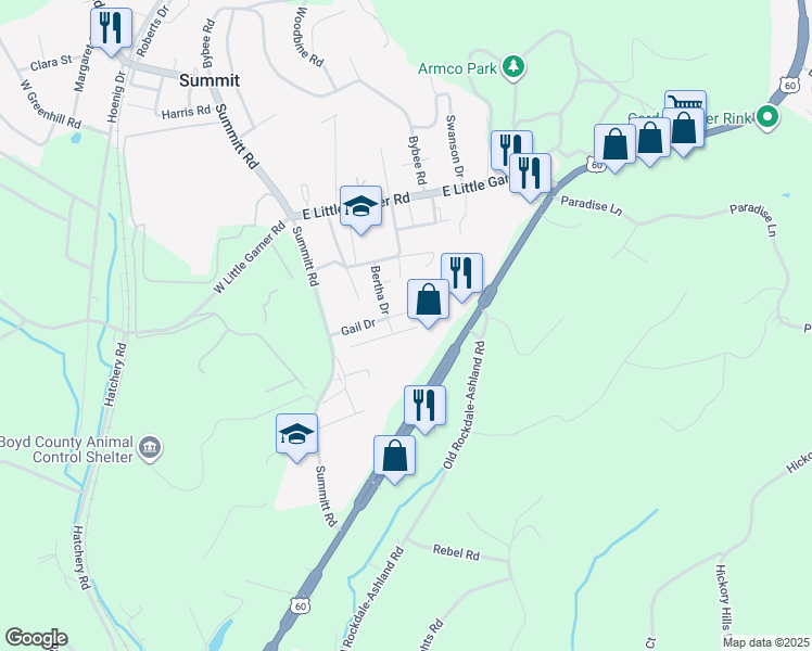 map of restaurants, bars, coffee shops, grocery stores, and more near 800-812 Sallie Drive in Ashland