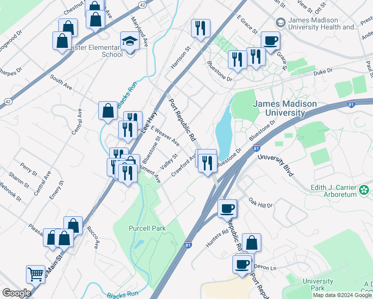 map of restaurants, bars, coffee shops, grocery stores, and more near 100 East Weaver Avenue in Harrisonburg