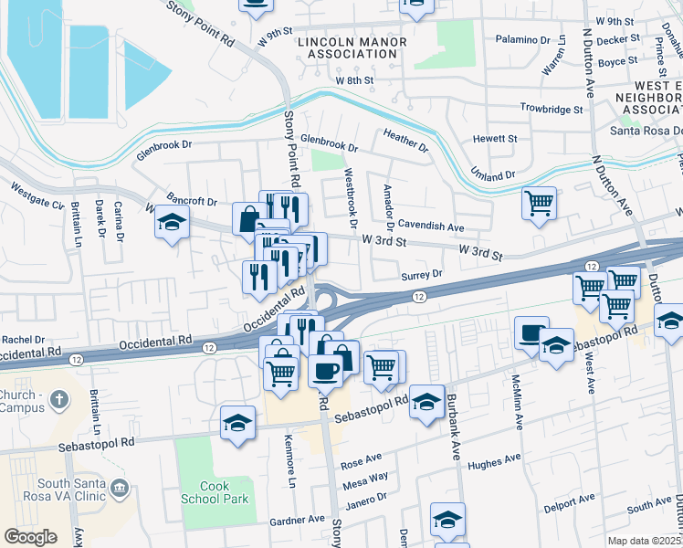 map of restaurants, bars, coffee shops, grocery stores, and more near in Santa Rosa