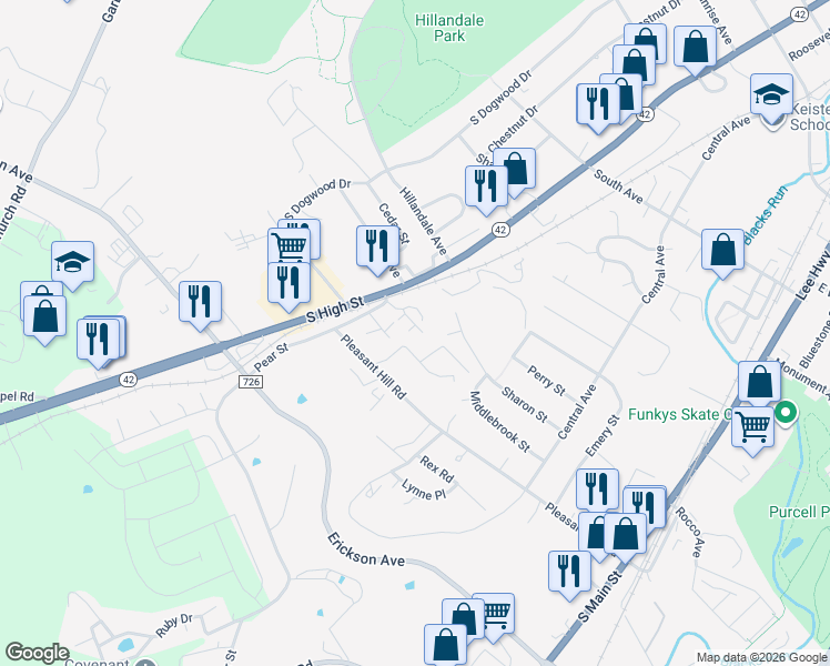 map of restaurants, bars, coffee shops, grocery stores, and more near 151 Howard Lane in Harrisonburg