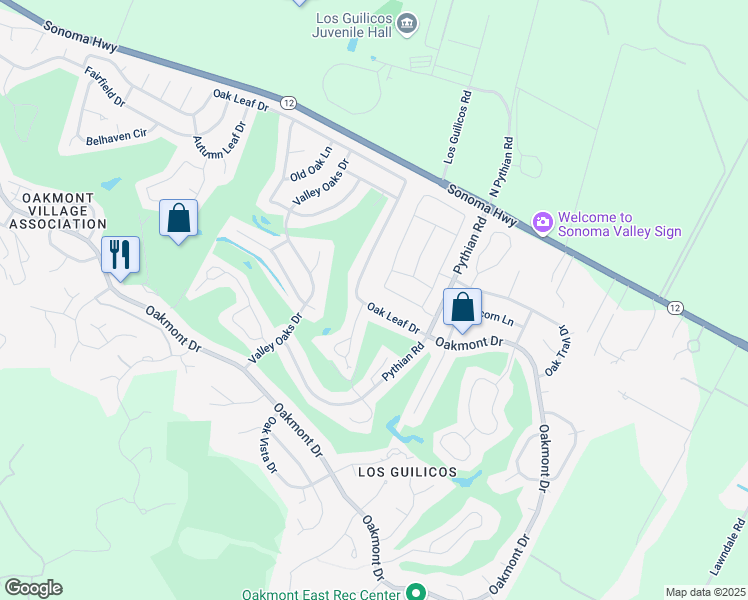 map of restaurants, bars, coffee shops, grocery stores, and more near 9217 Oak Trail Circle in Santa Rosa