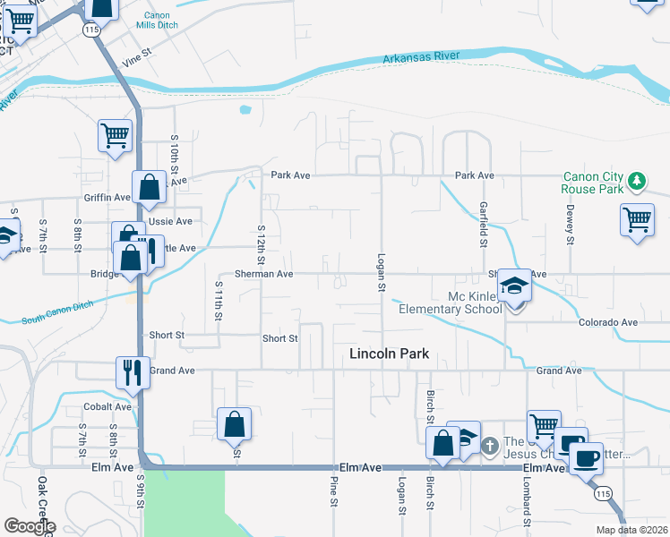 map of restaurants, bars, coffee shops, grocery stores, and more near 1239 Sherman Avenue in Cañon City