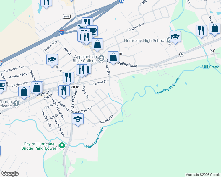 map of restaurants, bars, coffee shops, grocery stores, and more near 24 Alexander Place in Hurricane