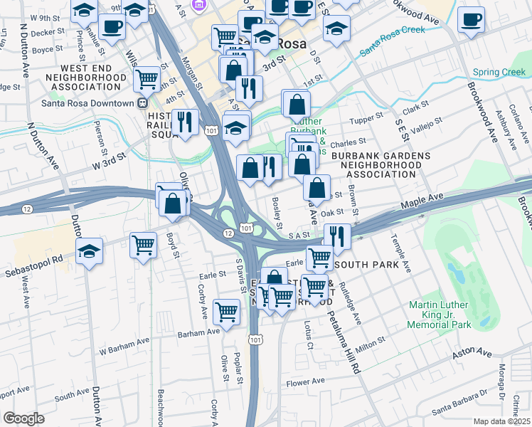 map of restaurants, bars, coffee shops, grocery stores, and more near 430 S A St in Santa Rosa