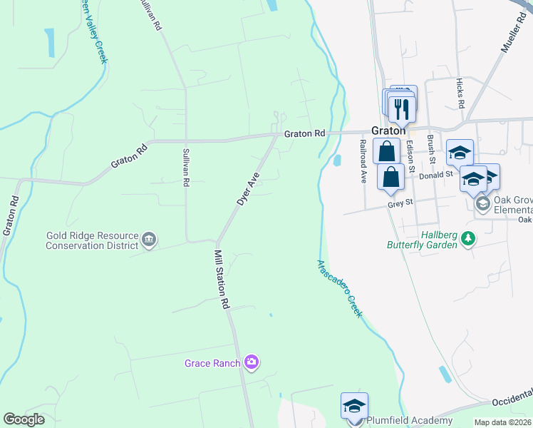 map of restaurants, bars, coffee shops, grocery stores, and more near 2885 Dyer Avenue in Sebastopol