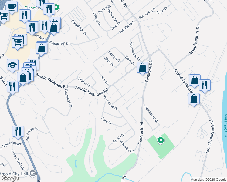 map of restaurants, bars, coffee shops, grocery stores, and more near 1240 Arnold Tenbrook Road in Arnold