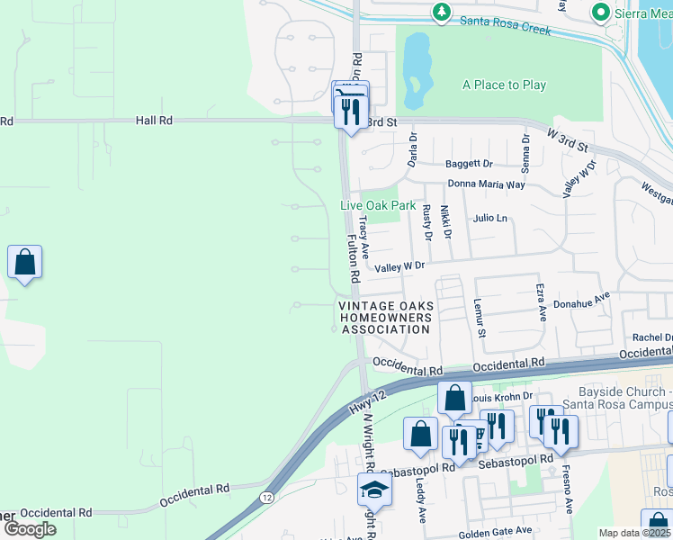 map of restaurants, bars, coffee shops, grocery stores, and more near 324 Countryside Drive in Santa Rosa