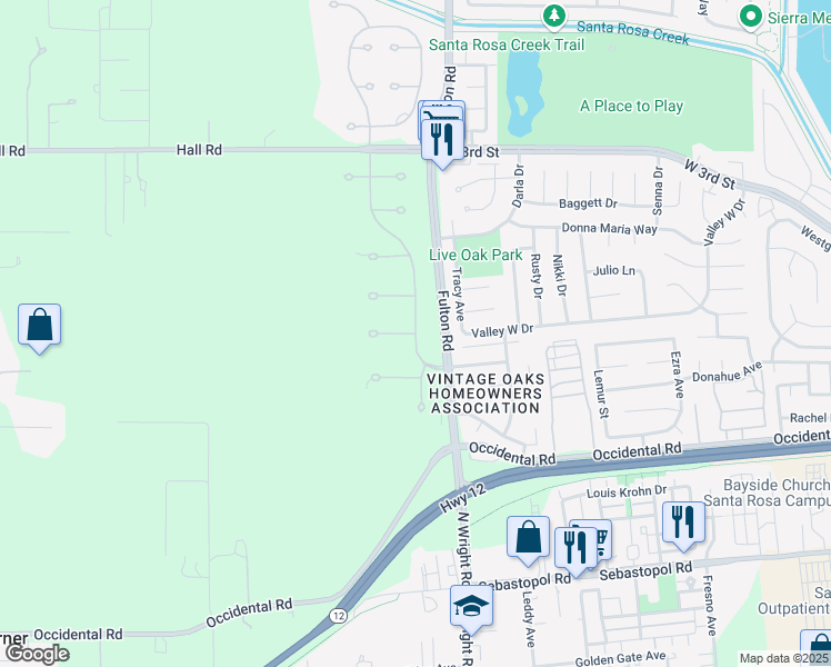 map of restaurants, bars, coffee shops, grocery stores, and more near Countryside Dr & Sea Biscuit Ct in Santa Rosa