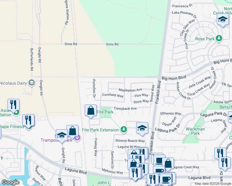map of restaurants, bars, coffee shops, grocery stores, and more near 4425 Cornfield Way in Elk Grove