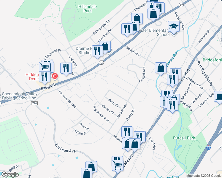 map of restaurants, bars, coffee shops, grocery stores, and more near 98 Emery Street in Harrisonburg