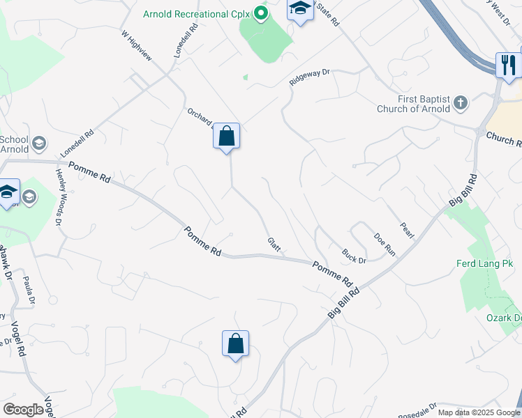 map of restaurants, bars, coffee shops, grocery stores, and more near 1955 Valmont Drive in Arnold